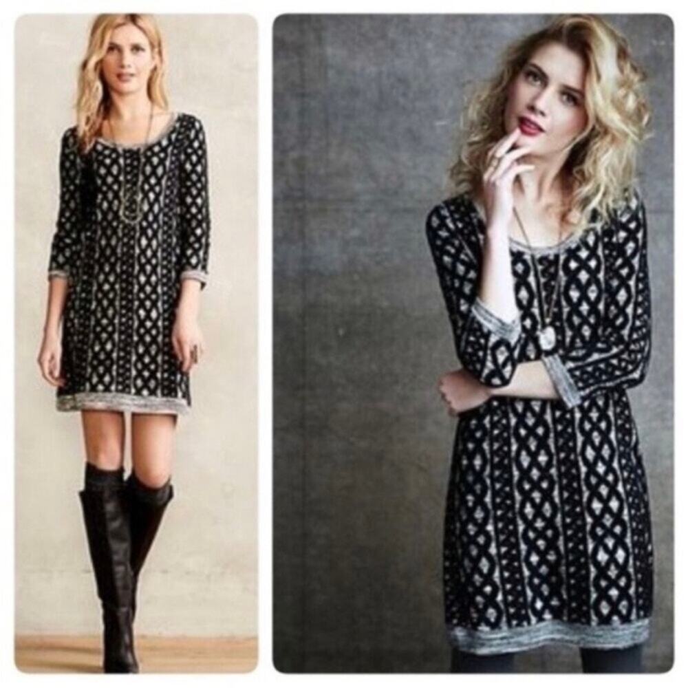 Moth Anthropologie Women's Black & Gray Geometric Knit Sweater Dress Size Small
